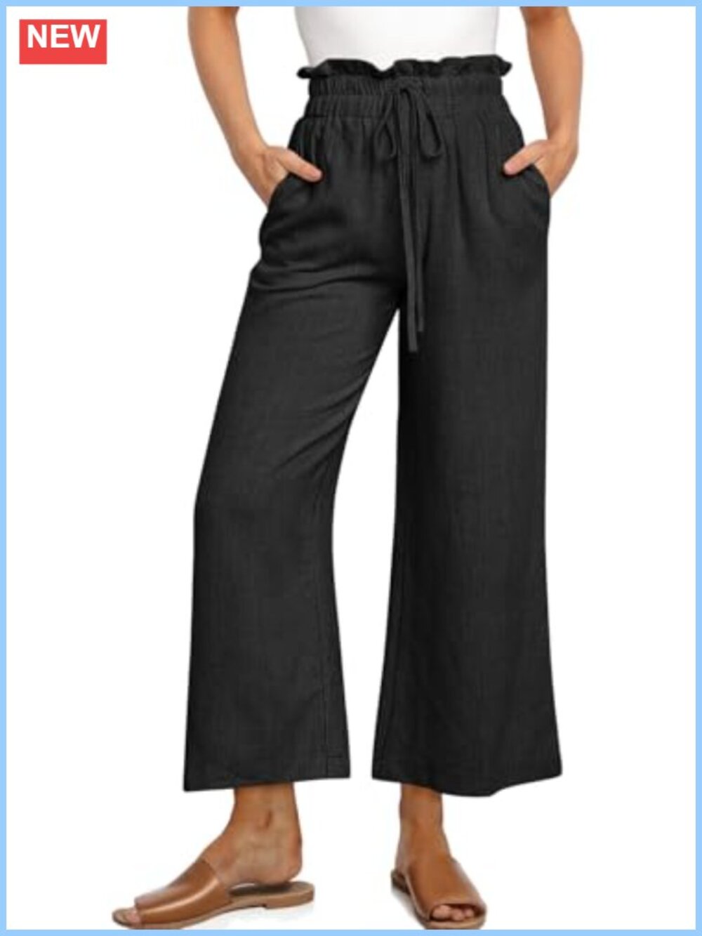 Linen Wide Leg Palazzo Pants Drawstring High Waist Cropped Trousers